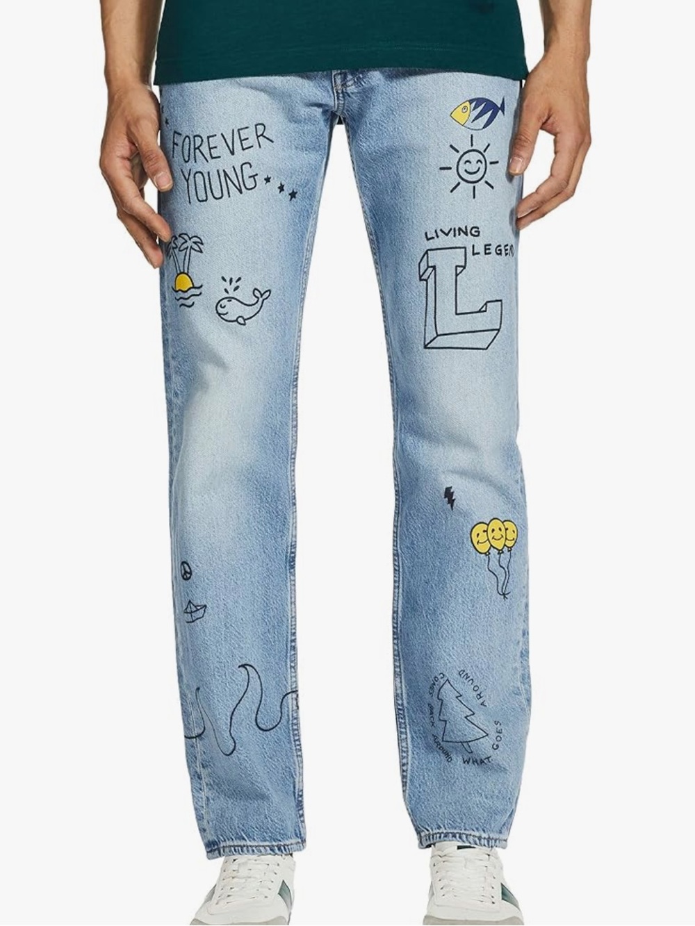 Levi's 501 93’ Light Blue Denim Jeans covered in whimsical graphic doodles